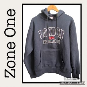 Zone One London England Embroidered Navy Blue Hoodie Size M